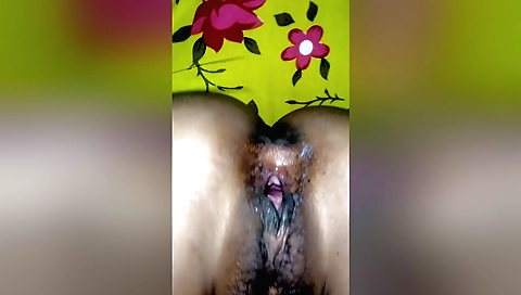 Indian babe with hairy pussy and big boobs in bedroom