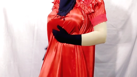 Indian girl is making out in a red dress and stockings