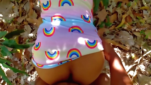 Brunette brunette gets off on outdoor sex with a guy