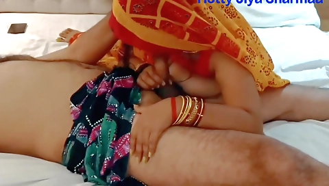 Indian wife is having sex with a horny guy in her yellow dress